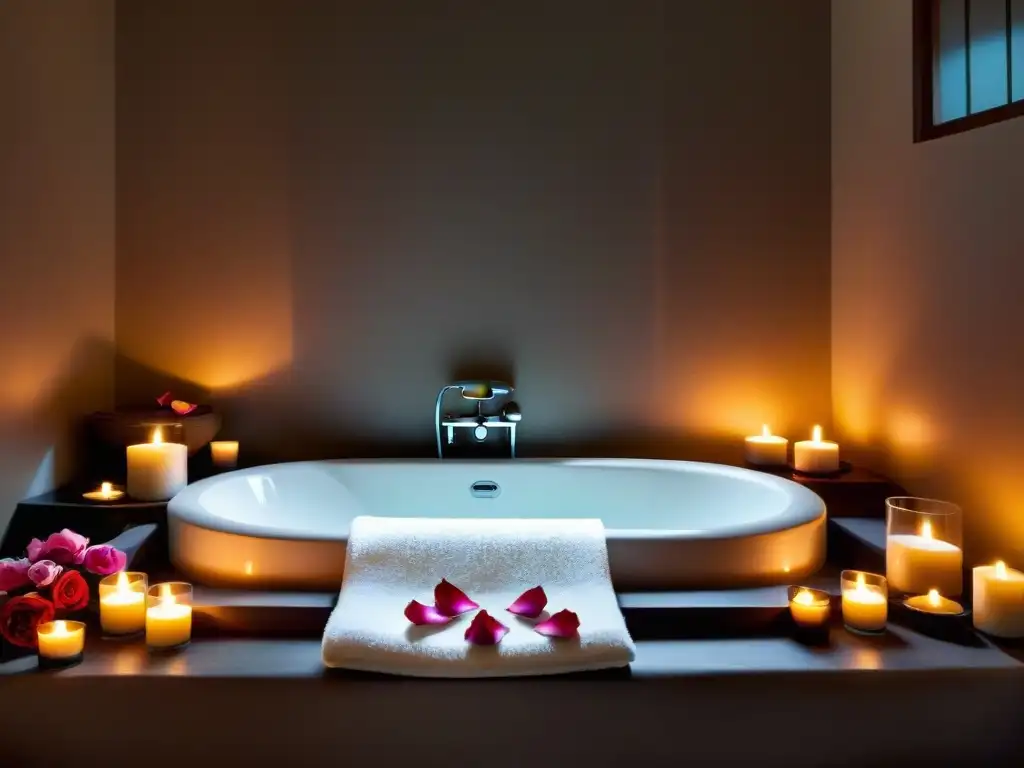 Spa de lujo: baño relajante con pétalos de rosa y velas Un oasis de tranquilidad: bañoterapia con pétalos de rosa, velas y toalla blanca, para la salud del cuerpo y espíritu