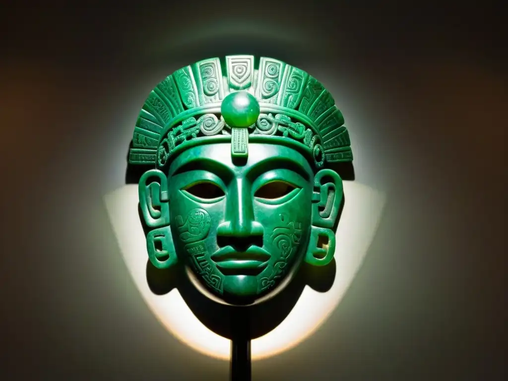 Objetos rituales subastados historia: Máscara maya de jade iluminada en una subasta, en medio de una atmósfera tensa y anticipada