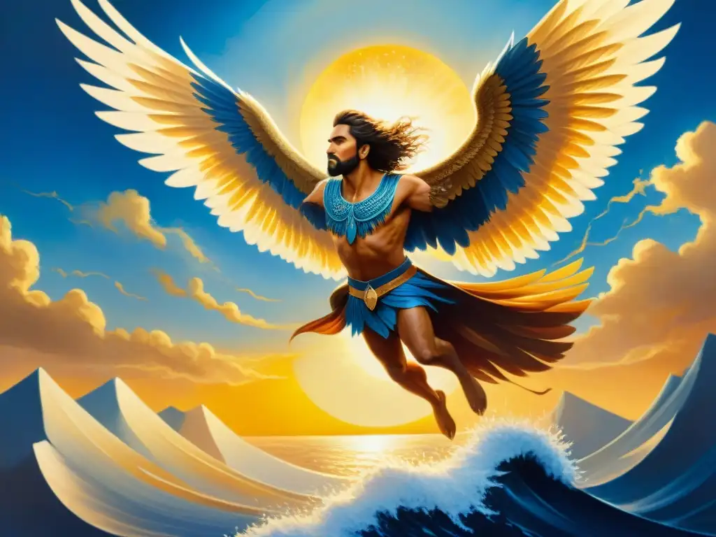 Ícaro: vuelo majestuoso entre belleza y peligro Obra de arte simbolismo vuelo Ícaro: majestuosas alas de plumas y cera, rostro lleno de determinación, surcando el cielo azul
