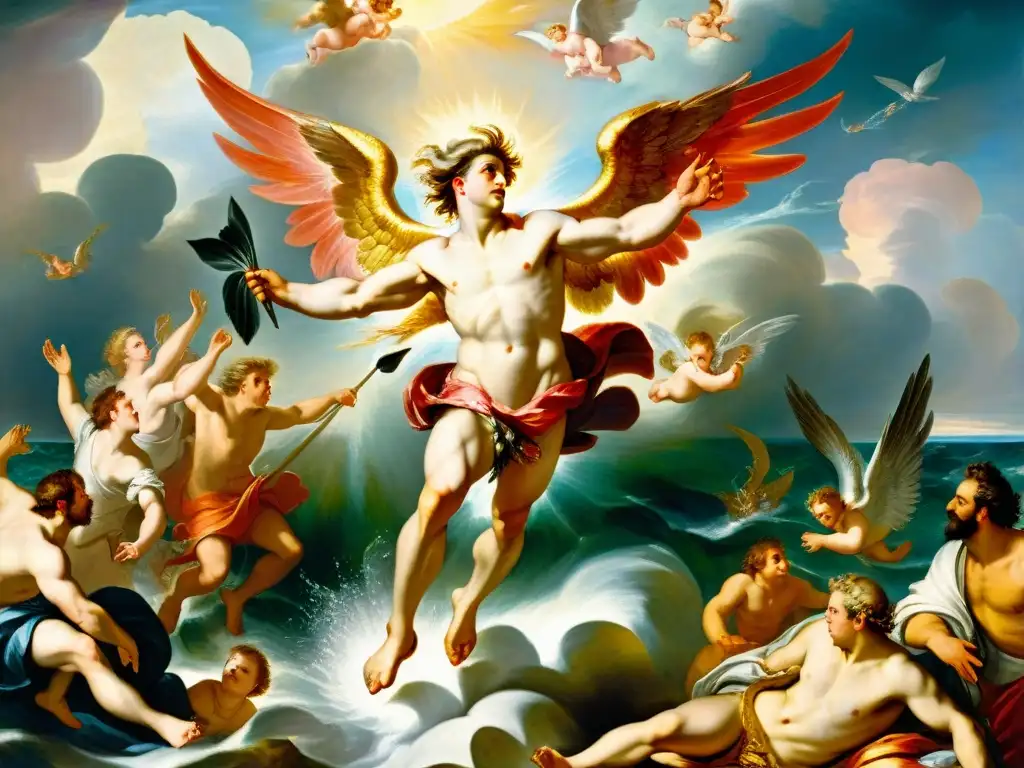 La caída de Ícaro: drama y color en la obra de Rubens Obra detallada muestra la caída de Ícaro en vibrantes colores y pinceladas, simbolismo vuelo Ícaro arte