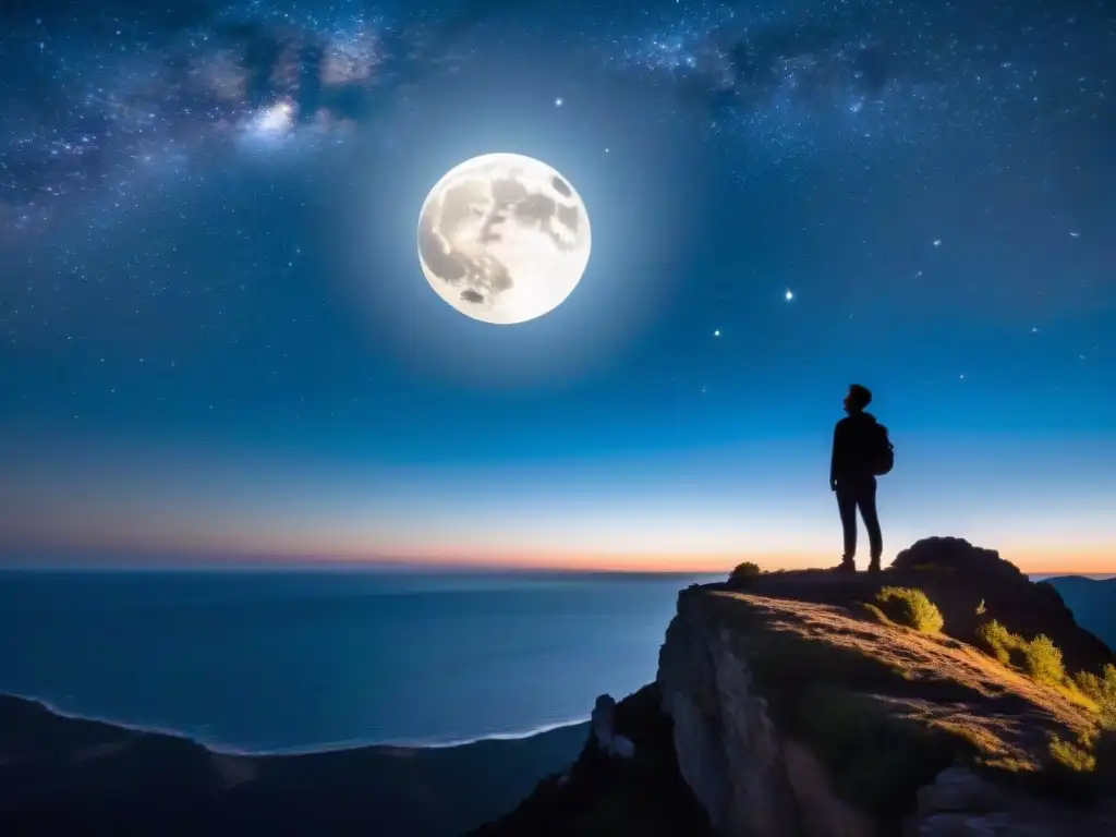 Un observador solitario contempla el cielo estrellado con la luna llena, evocando misterio y evolución personal