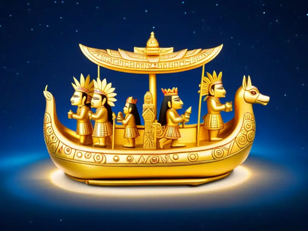 Ofrenda ceremonial de una detallada balsa Muisca dorada a figuras enigmáticas con tocados de plumas, bajo un cielo estrellado en la jungla