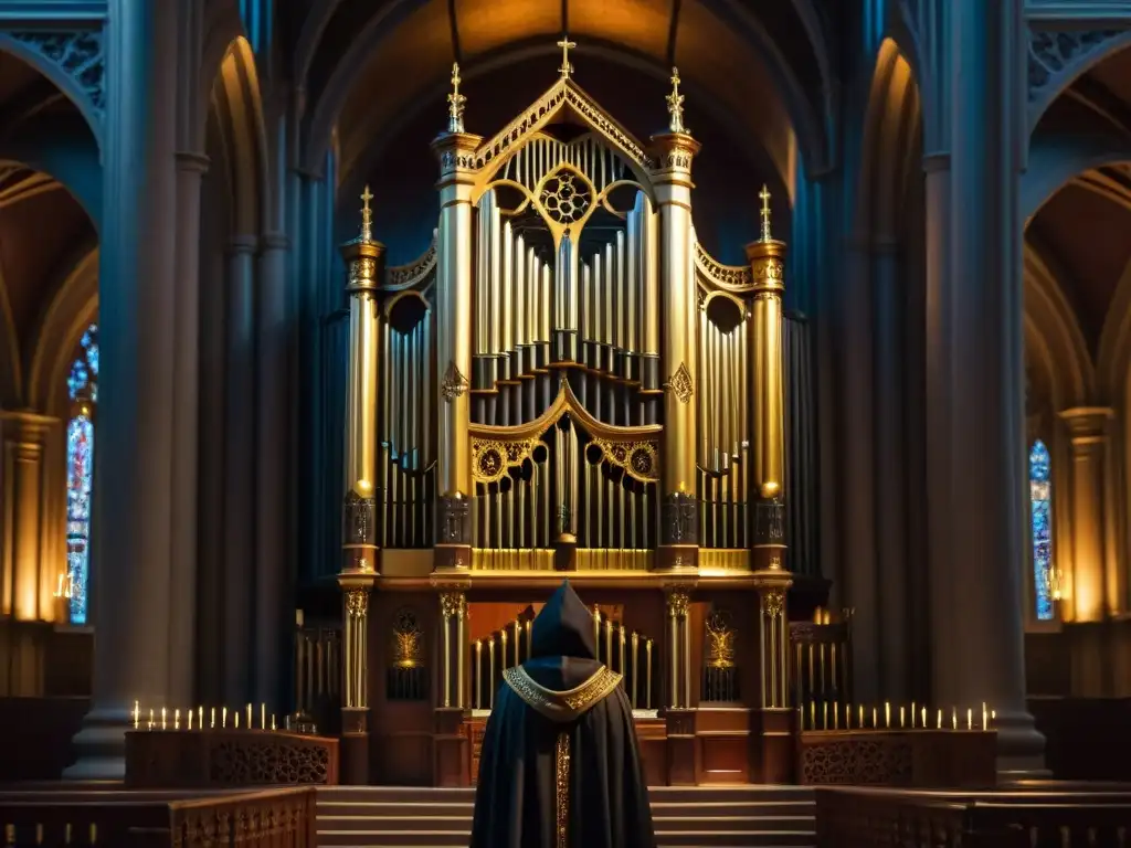 Órgano magnífico en catedral con mensajes ocultos masonería en música, figura misteriosa