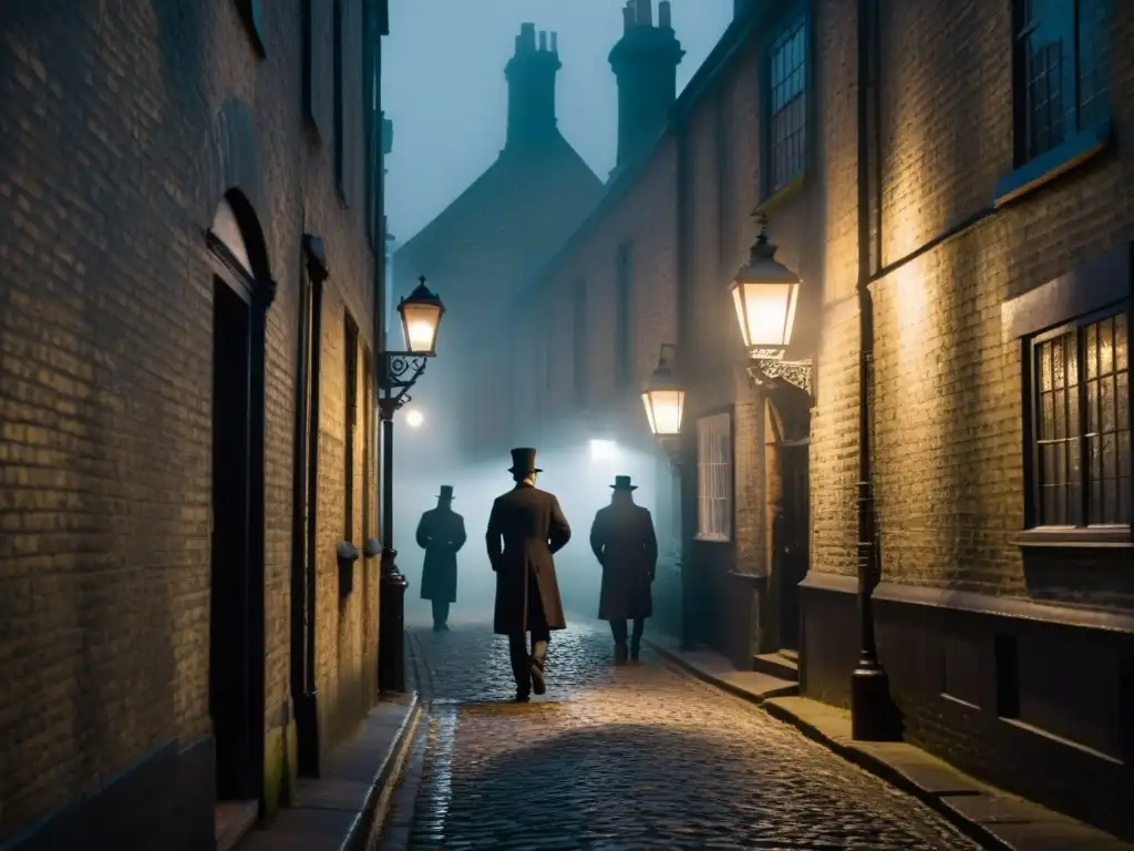 Un oscuro callejón empedrado en la Londres victoriana, con niebla y sombras misteriosas, evocando los rituales secretos de Jack el Destripador