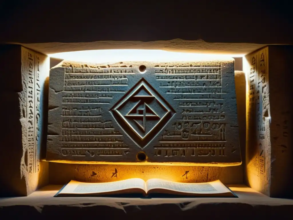 Un oscuro cuarto lleno de manuscritos antiguos y artefactos, con una misteriosa inscripción en una tableta de piedra iluminada por un rayo de luz