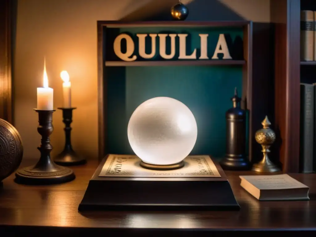 Escena paranormal: Ouija board y cristal ball en habitación misteriosa Un oscuro cuarto con tablero Ouija y bola de cristal, libros antiguos y figura fantasmal