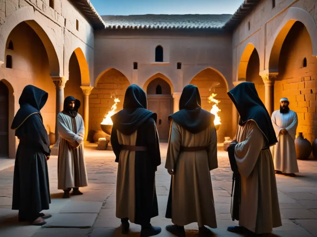 Un oscuro encuentro de sociedades secretas Medio Oriente en un antiguo patio iluminado por antorchas