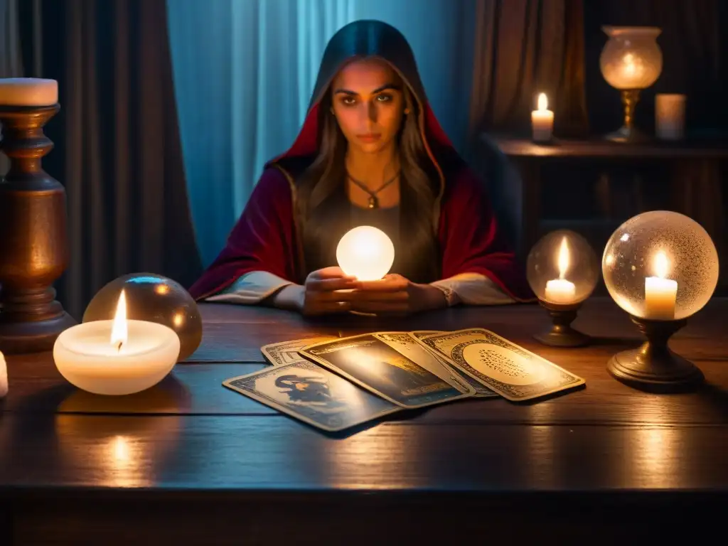 Un oscuro salón lleno de velas titilantes, cartas de tarot antiguas y una figura misteriosa junto a una bola de cristal brillante