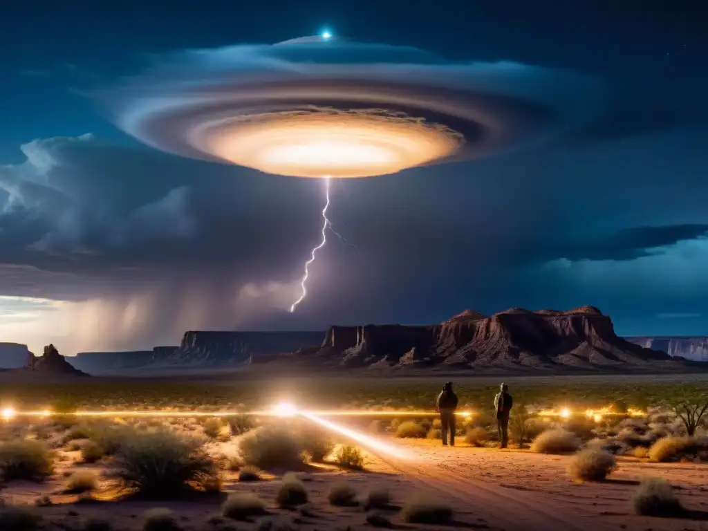 Un ovni brilla en la noche tormentosa del desierto, con figuras misteriosas observando