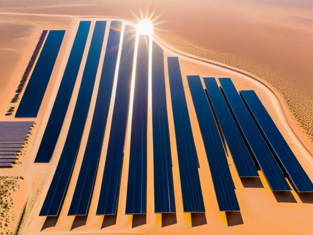 Un paisaje deslumbrante de plantas solares en el desierto, reflejando la luz del sol