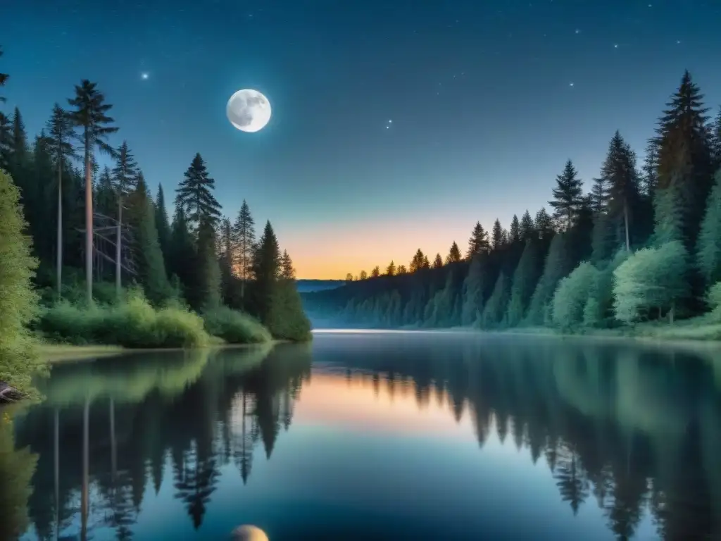 Un paisaje místico bajo la luna llena, reflejada en un lago tranquilo en medio de un bosque