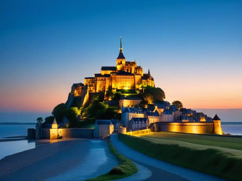 Paisaje místico del Priorato de Sion en Francia al atardecer, con la abadía iluminada por el sol y rodeada de un aura celestial