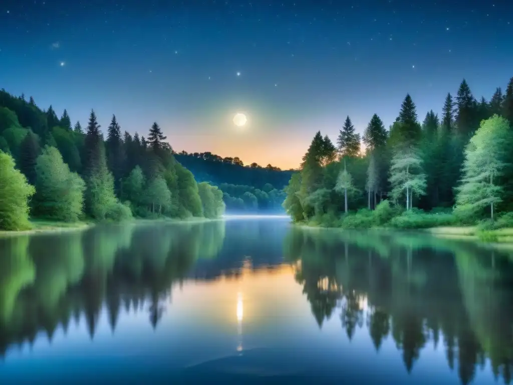 Un paisaje nocturno mágico y sereno con la luna llena brillando sobre un bosque tranquilo, reflejándose en un lago calmado