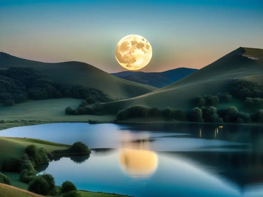 Un paisaje nocturno sereno iluminado por la brillante luna llena, reflejando su luz en un lago tranquilo