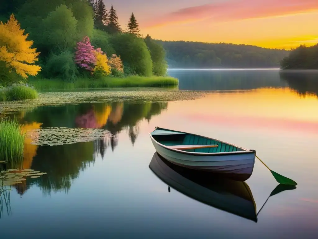 Paisaje sereno de un amanecer sobre un lago, con tonos cálidos y un bote solitario