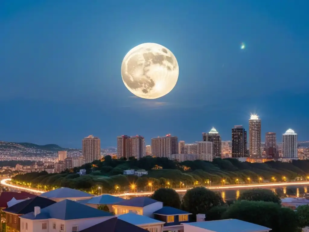 Un paisaje urbano iluminado por la luna llena, mostrando la fusión entre lo celestial y lo moderno