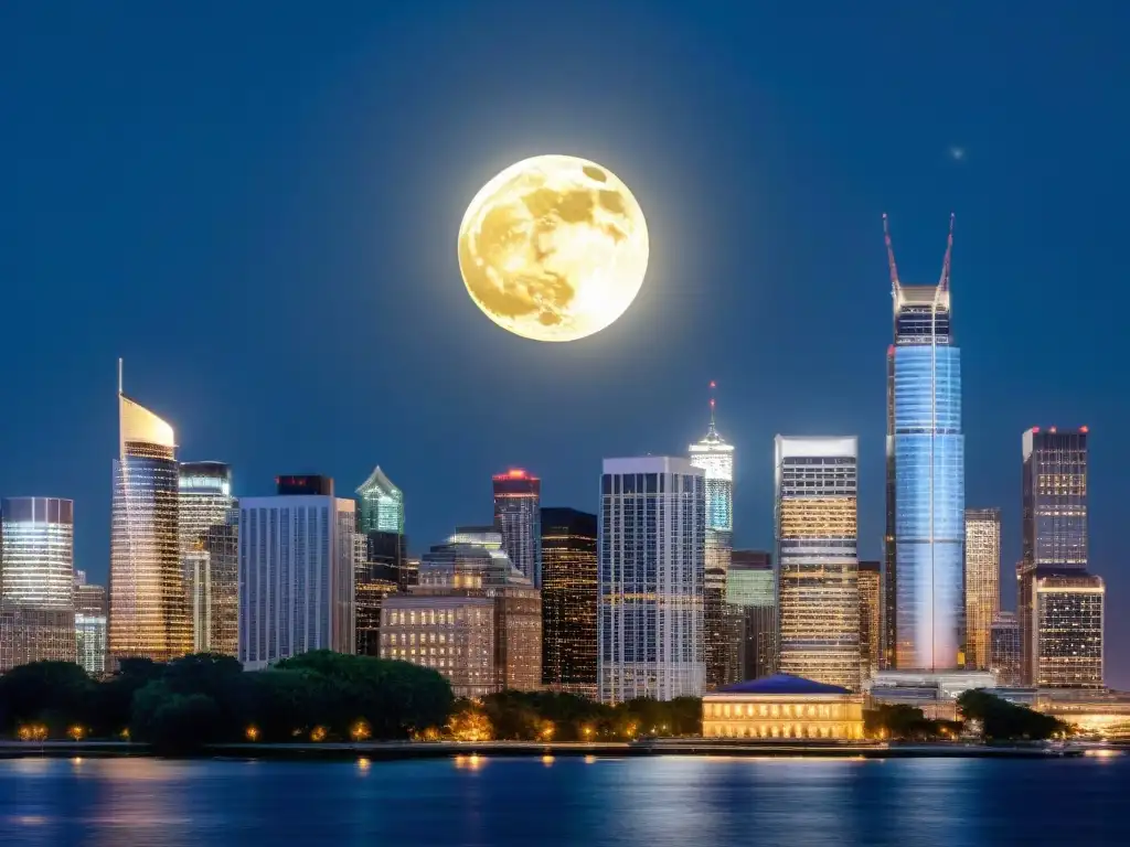 Un paisaje urbano nocturno con rascacielos iluminados y la luna llena brillando sobre la ciudad, fusionando la astrología financiera y sociedades secretas