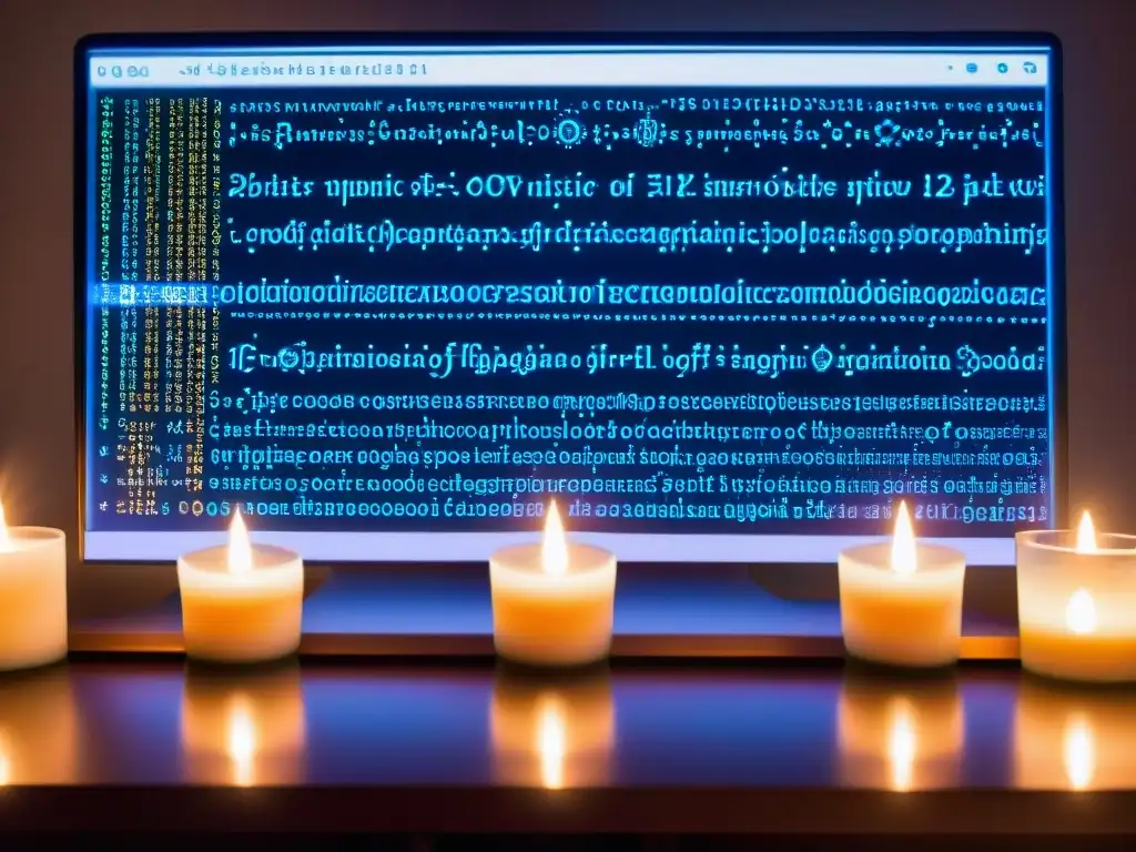Una pantalla de computadora muestra códigos y símbolos místicos, iluminada por velas, fusionando programación de IA y hechizos mágicos