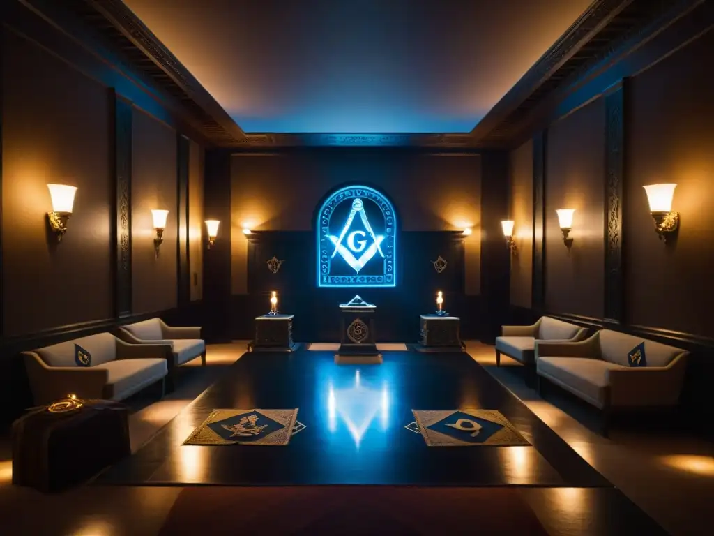 Emblema misterioso en la logia masónica En la pantalla grande: una logia masónica iluminada, con símbolos antiguos y una emblemática figura enigmática