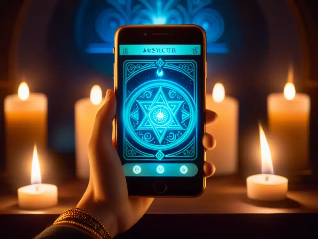 Una pantalla de smartphone con una app esotérica que revela misterios, rodeada de velas y humo de incienso