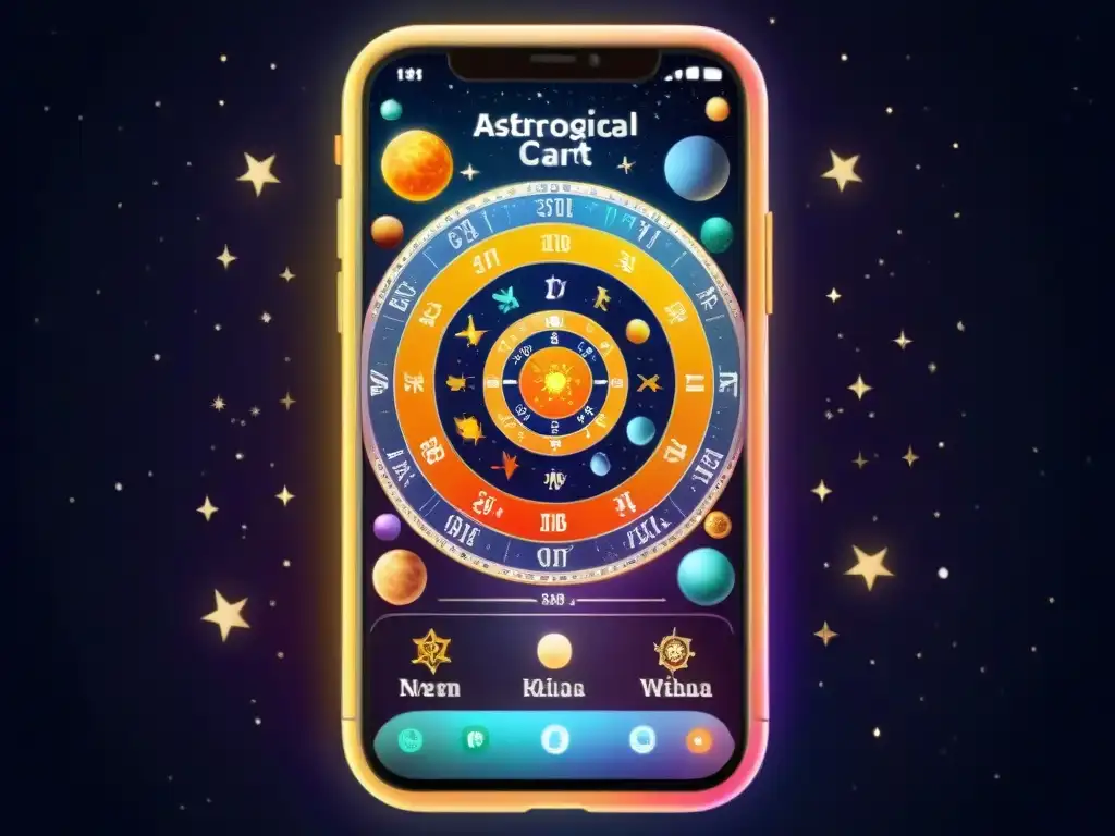 Representación de una pantalla de smartphone mostrando una carta astral colorida en una noche estrellada, fusionando astrología moderna y tecnología