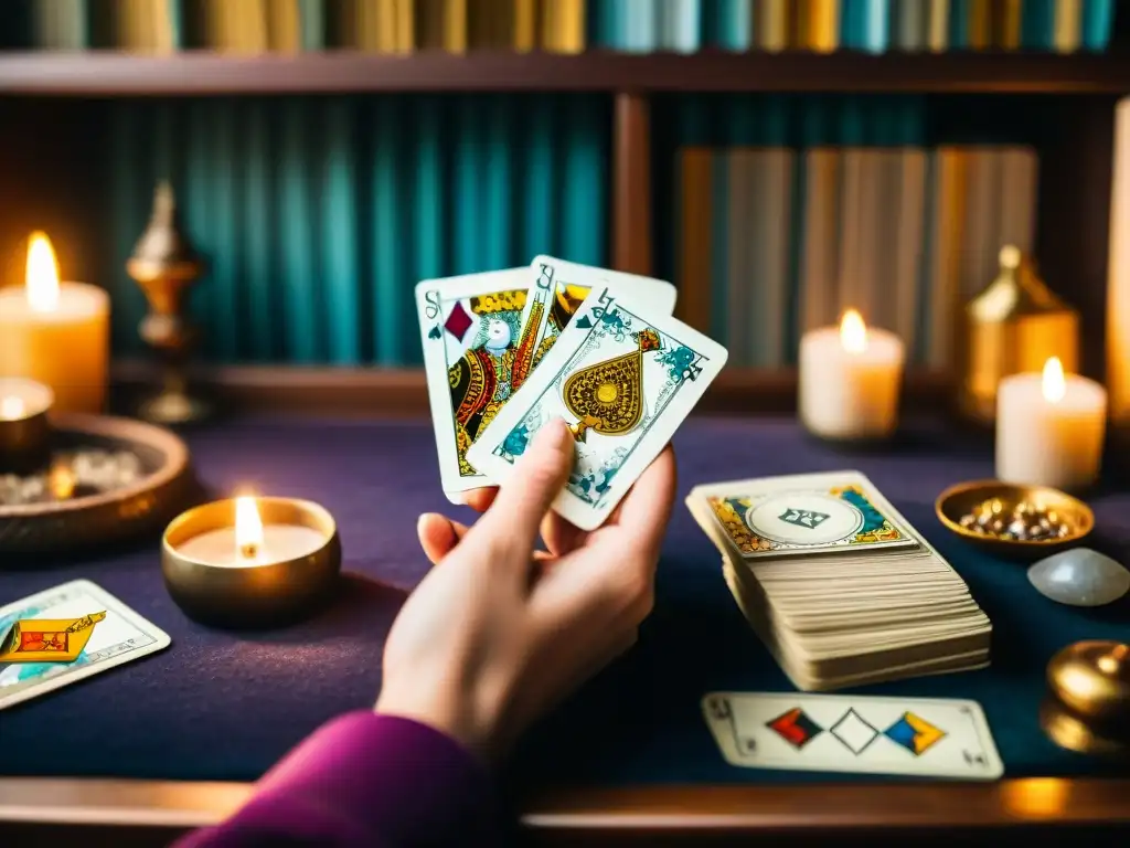 Un par de manos arrastrando cartas del tarot de finanzas, con diseños vibrantes