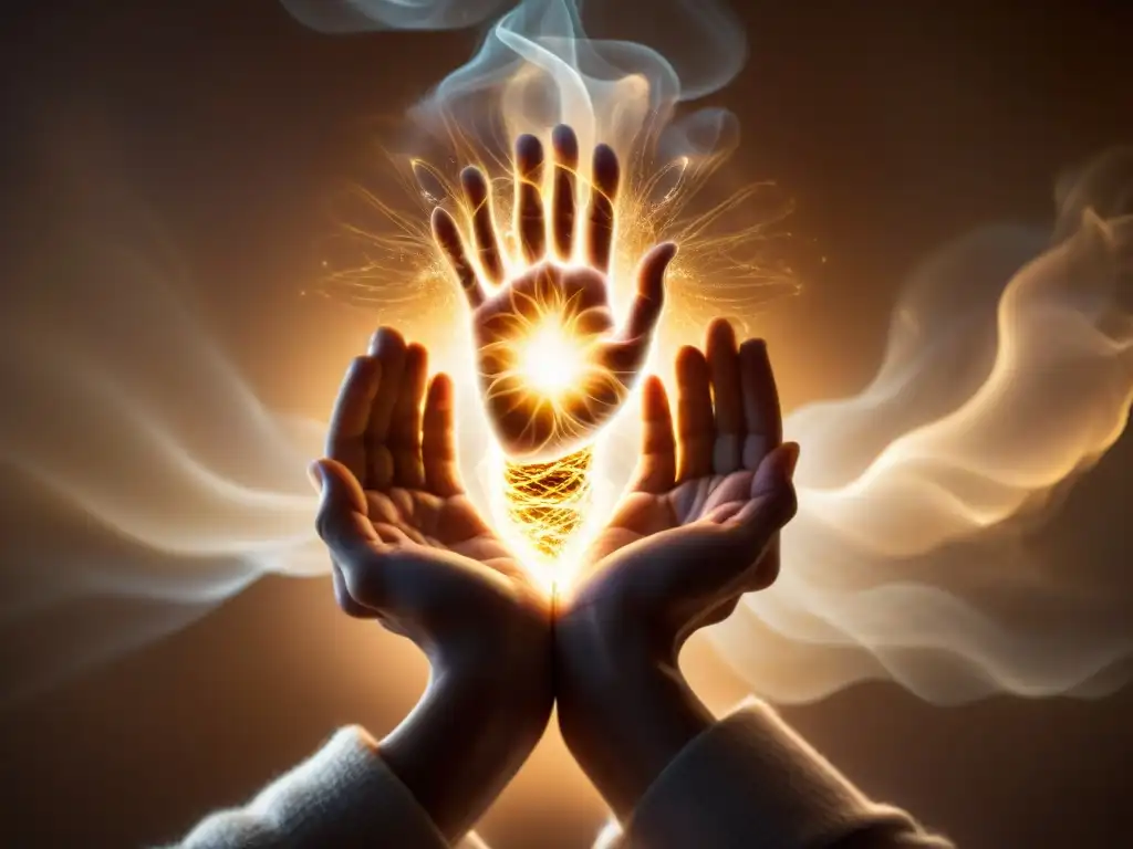 Sanación energética: manos doradas sobre cuerpo luminoso Un par de manos luminosas sobre una silueta brillante de cuerpo humano, ilustrando los beneficios del Reiki en sanación