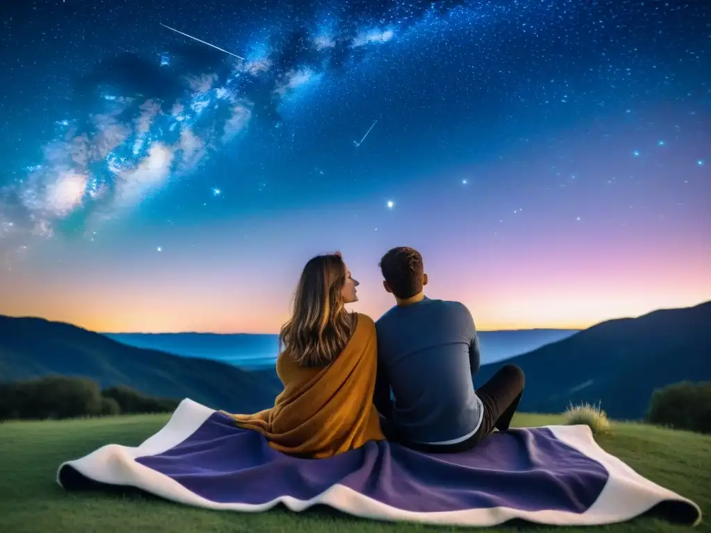 Una pareja encuentra amor bajo las estrellas, simbolizando equilibrio y pasión en relaciones, con el telescopio cerca