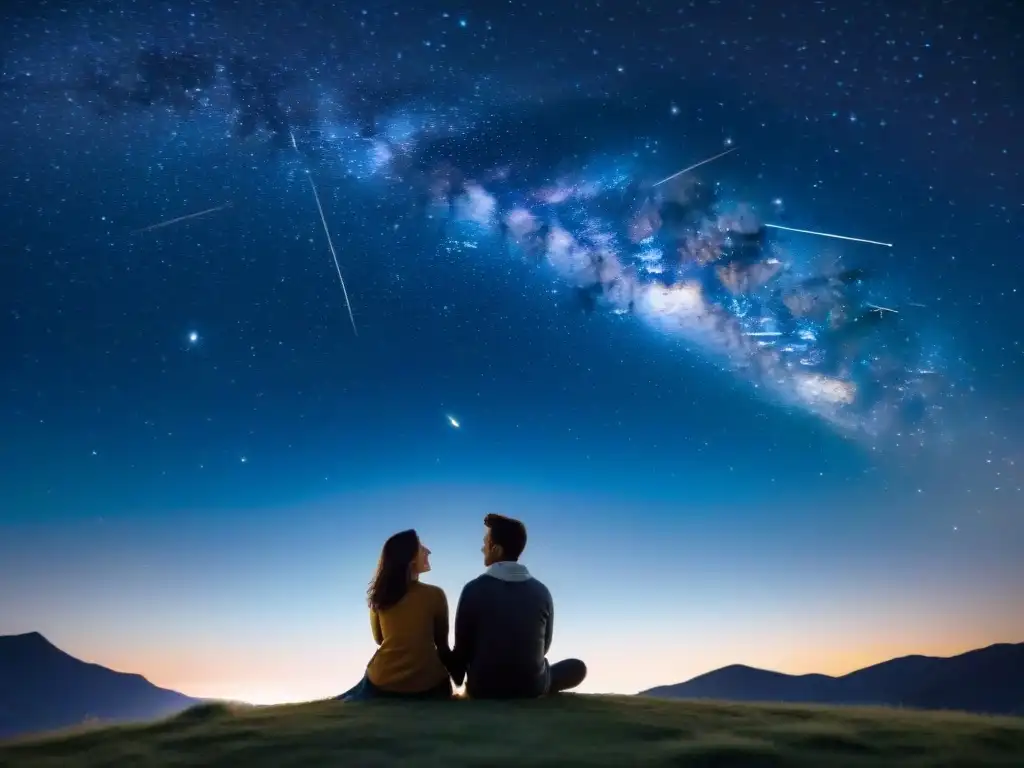 Una pareja se sienta bajo un cielo estrellado, mirando las constelaciones con símbolos astrales