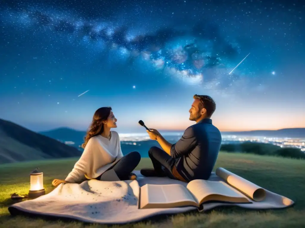 Una pareja explorando el cielo estrellado con curiosidad y asombro, rodeados de cartas astrales y libros