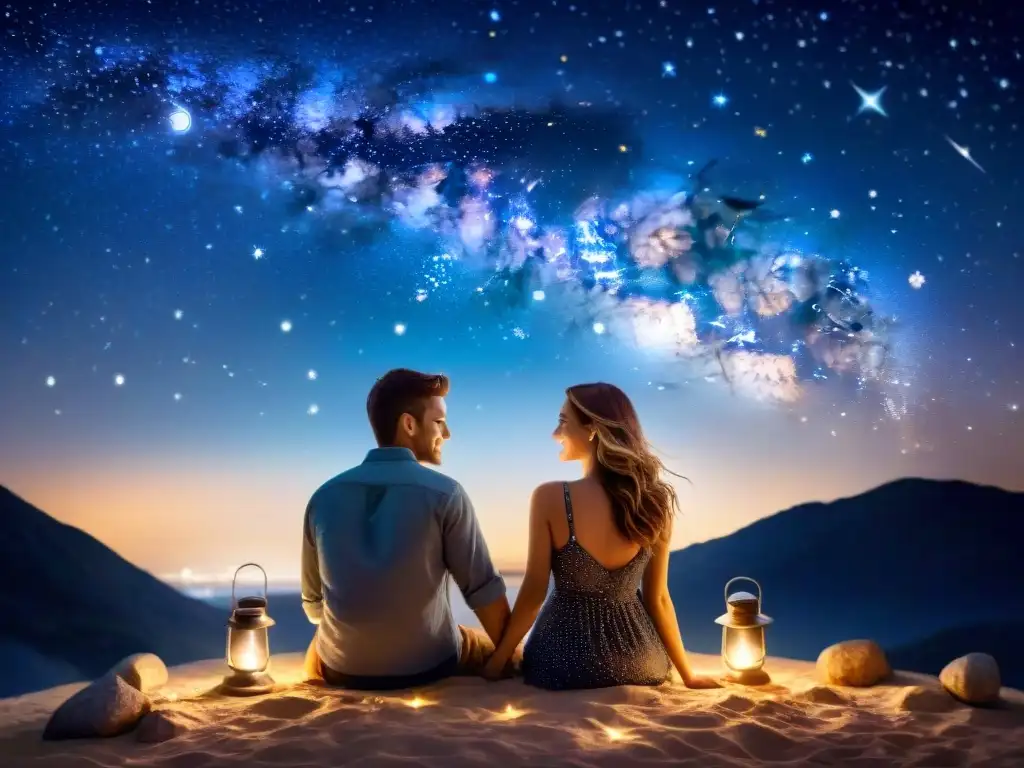 Una pareja se encuentra bajo un cielo estrellado, rodeados de signos astrológicos, creando una atmósfera romántica y mística