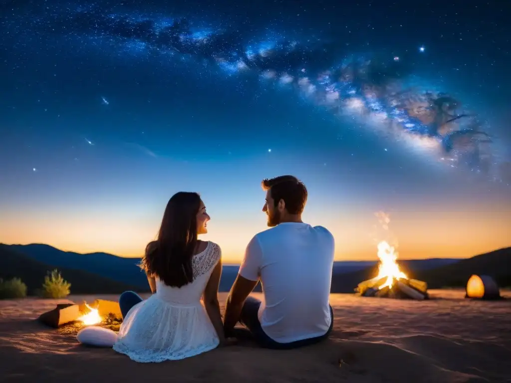 Una pareja contemplando las estrellas bajo un cielo nocturno, reflejando la conexión entre astrología y amor