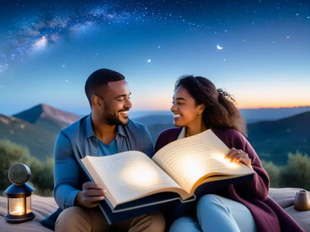 Una pareja observa las estrellas juntos bajo el cielo nocturno, rodeados de libros y gráficos de astrología, con un telescopio junto a ellos