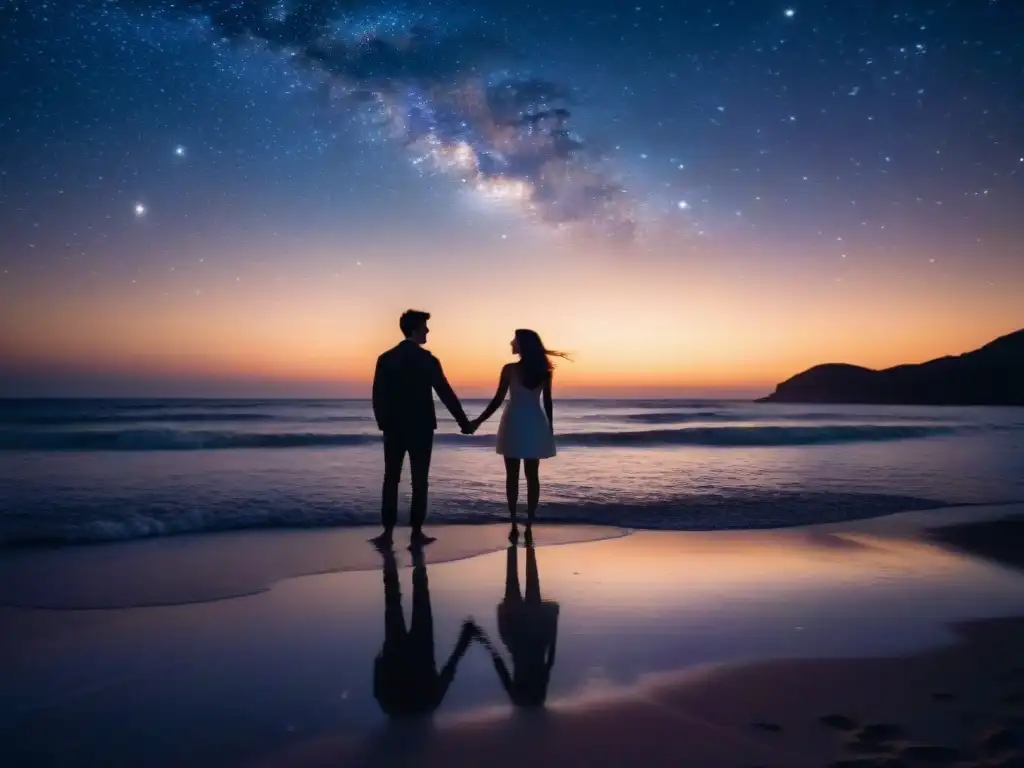 Una pareja de la mano en una playa al atardecer, con el cielo estrellado y la luna llena