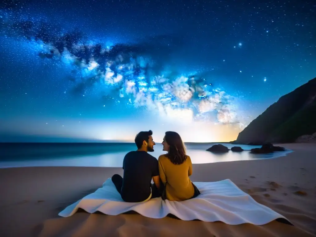 Una pareja maravillada observa las estrellas en una playa remota, en un viaje de luna de miel astrológico