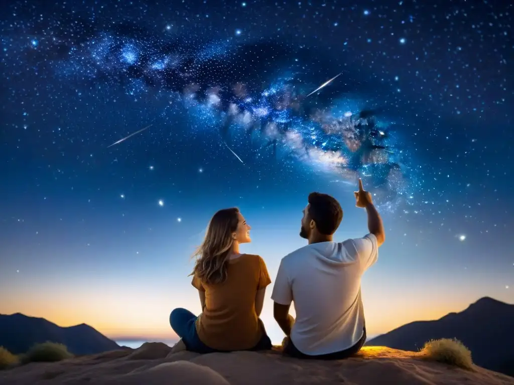 Una pareja sorprendida bajo un cielo estrellado, rodeados de símbolos y constelaciones, descubriendo juntos la astrología para encontrar pareja