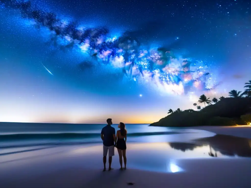 Una pareja disfruta de un viaje de luna de miel astrológico en una playa remota bajo un cielo estrellado y la Vía Láctea