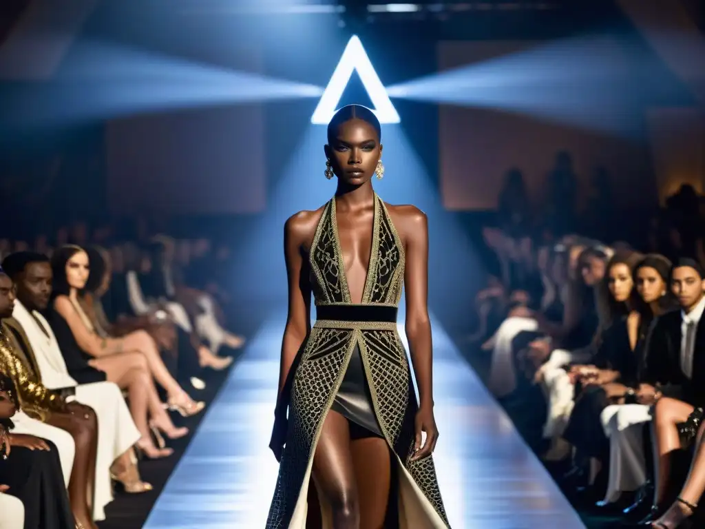Desfile de Moda: Diseños Avant-garde con Símbolos Illuminati Una pasarela de moda con modelos en diseños vanguardistas y Símbolos Illuminati sutiles