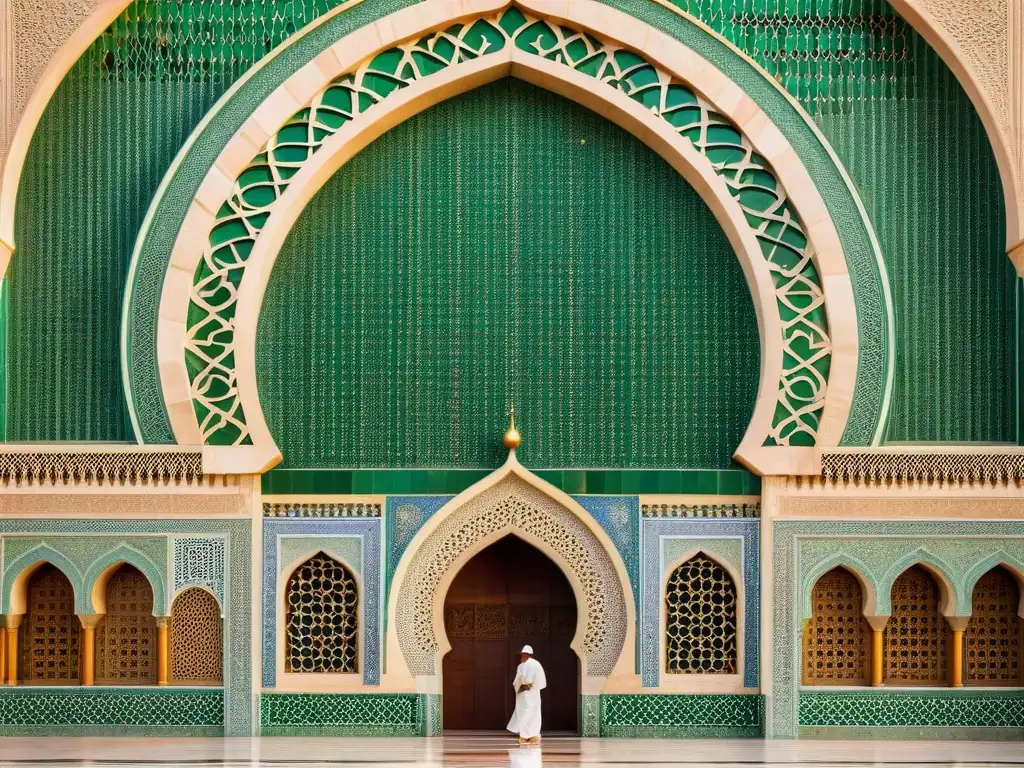 Patrones sagrados en diseño artístico: Detalle geométrico y colorido de la fachada de la Mezquita Hassan II en Casablanca