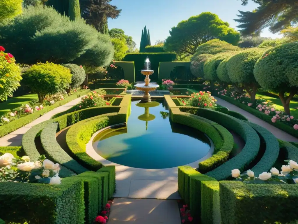 Un jardín rosacruz simboliza la paz y la contemplación, con rosas en plena floración y una fuente central