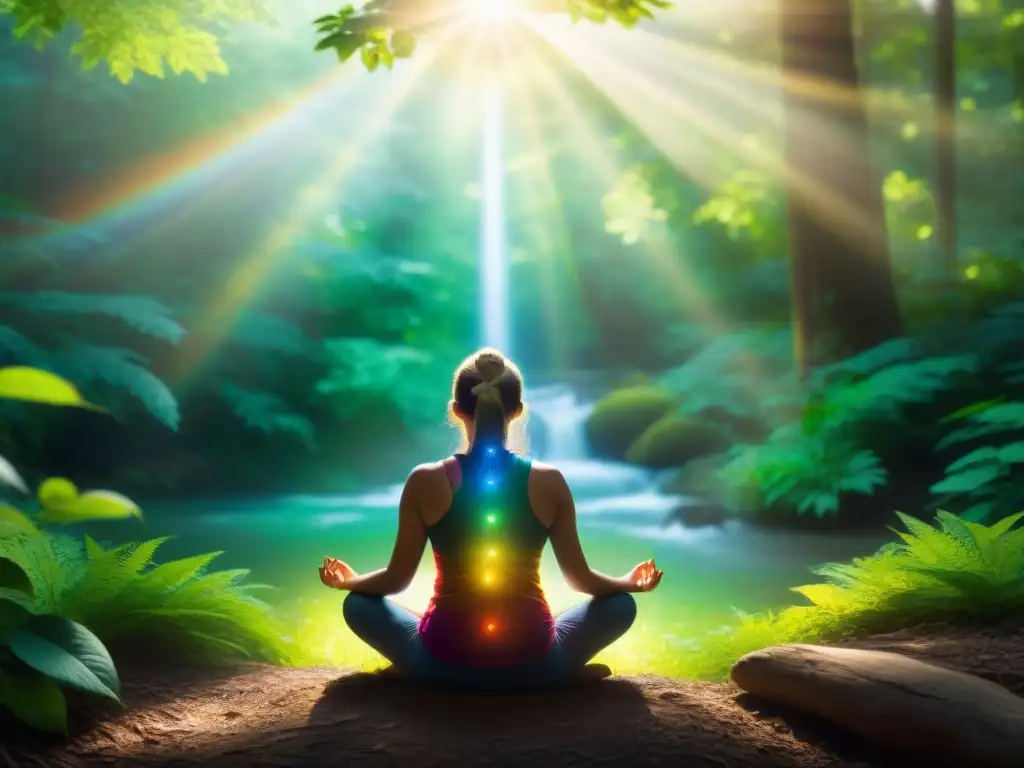 Meditación en el bosque: persona en paz, rodeada de naturaleza, chakras brillantes