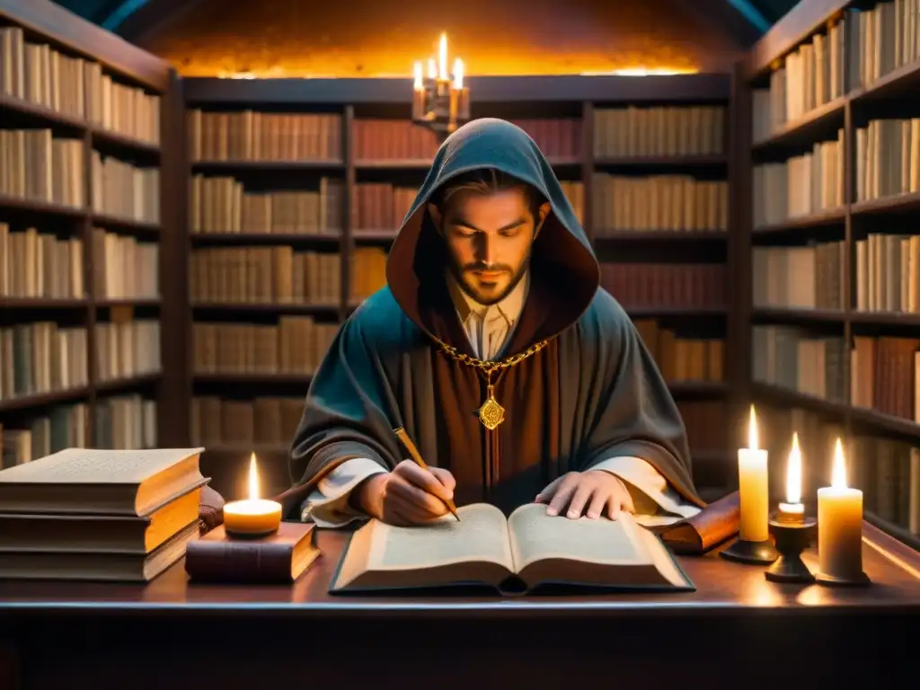 En la penumbra de una antigua biblioteca, una figura encapuchada estudia un libro rodeada de energía mística