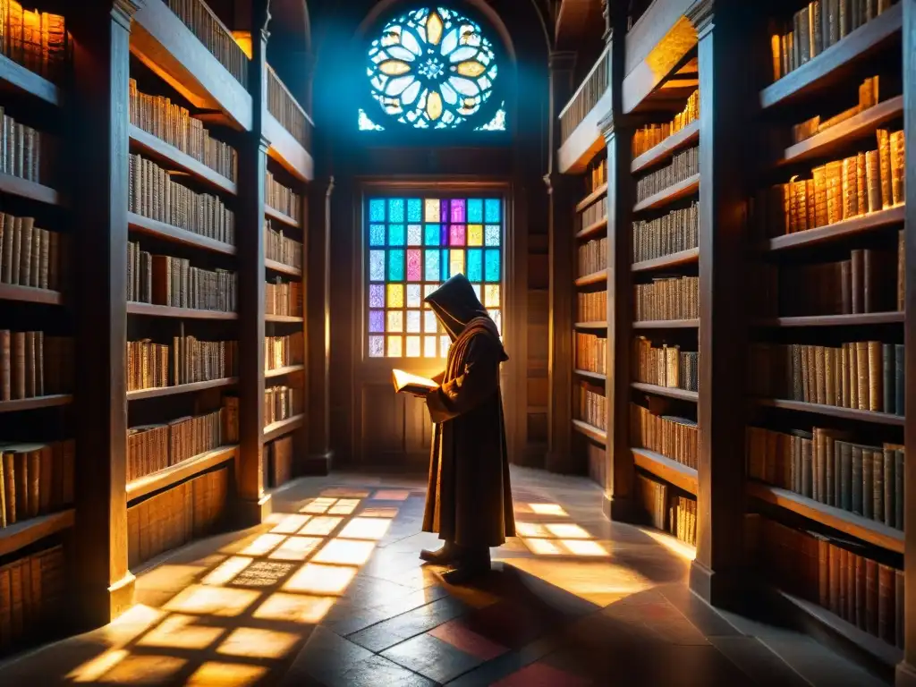 En la penumbra de una antigua biblioteca, una figura misteriosa hojea un antiguo tomo