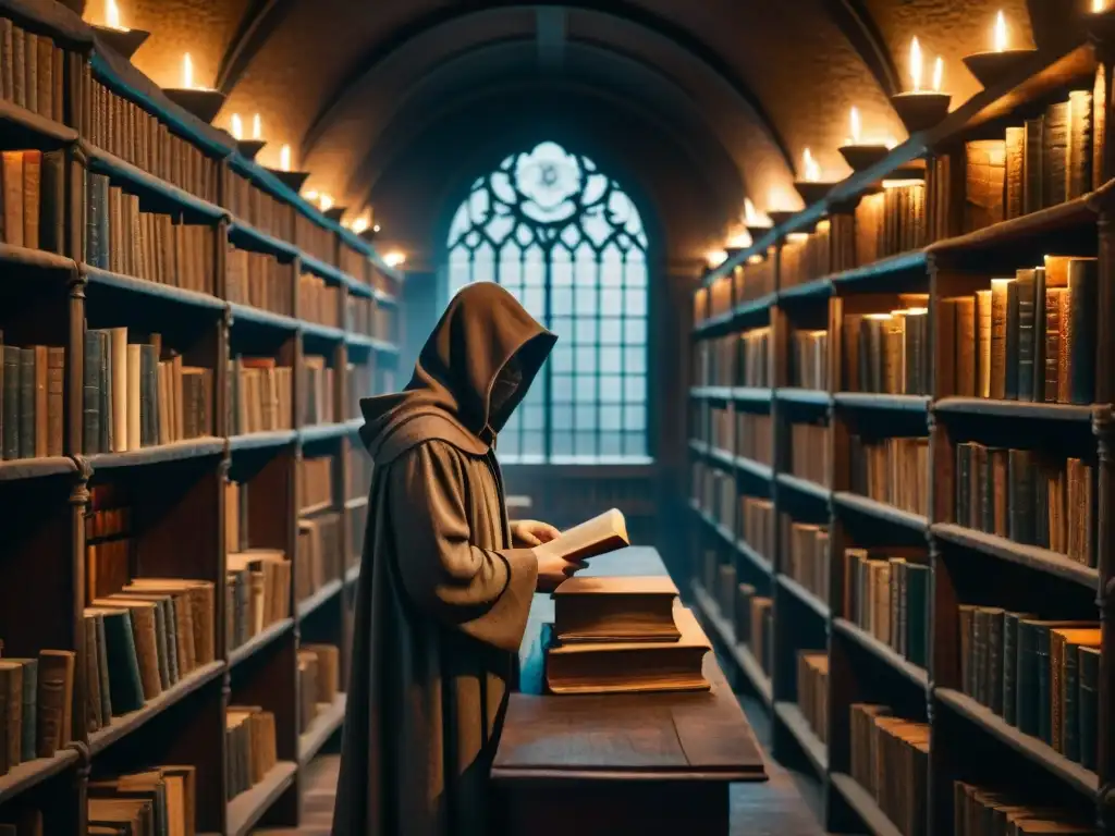 En la penumbra de una antigua biblioteca, una figura encapuchada examina un manuscrito con el emblema de la Orden de los Asesinos, evocando la historia de la Orden Asesinos