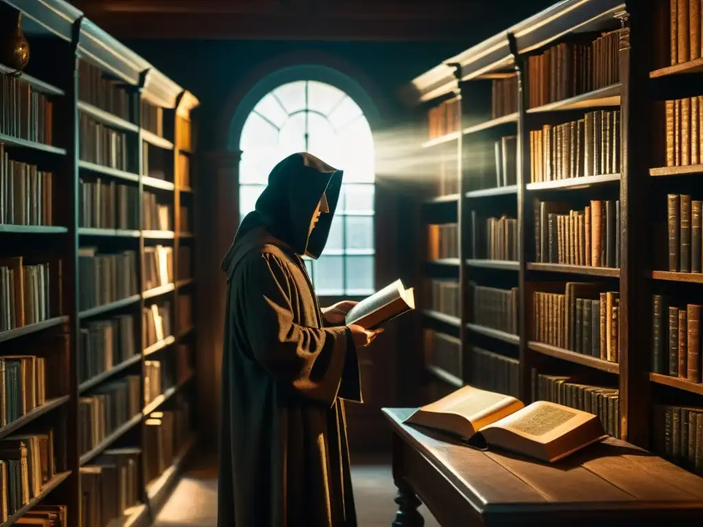 En la penumbra de una antigua biblioteca, una figura en capa busca un libro con símbolos de sociedades secretas y cuentos de hadas