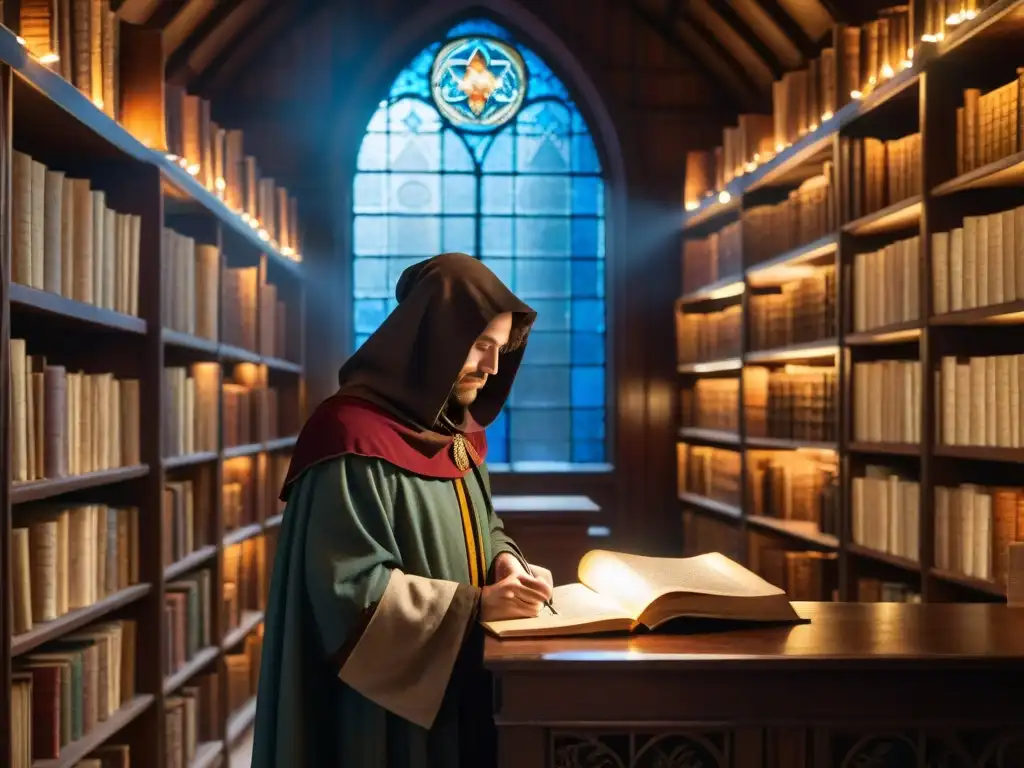 En la penumbra de una antigua biblioteca, una figura en capa estudia manuscritos antiguos, rodeada de textos y artefactos