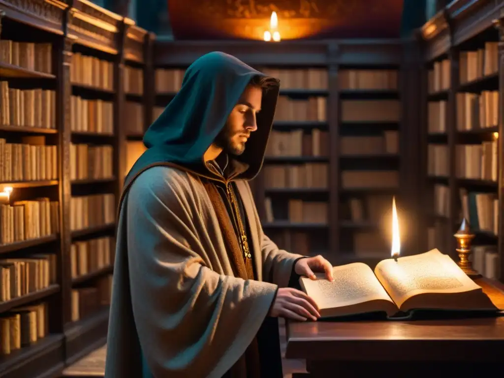 En la penumbra de una antigua biblioteca, figuras misteriosas estudian libros y artefactos, evocando sociedades secretas historia misterios