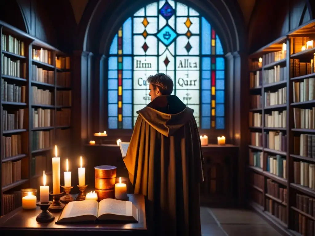 En la penumbra de una antigua biblioteca, un misterioso personaje estudia un diagrama alquímico rodeado de símbolos y artefactos antiguos