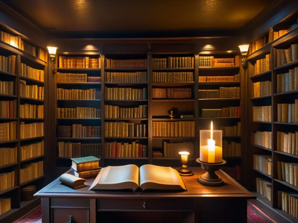 En la penumbra de una antigua biblioteca, secretos sociedades secretas Umberto Eco se entretejen con misteriosos manuscritos y velas titilantes