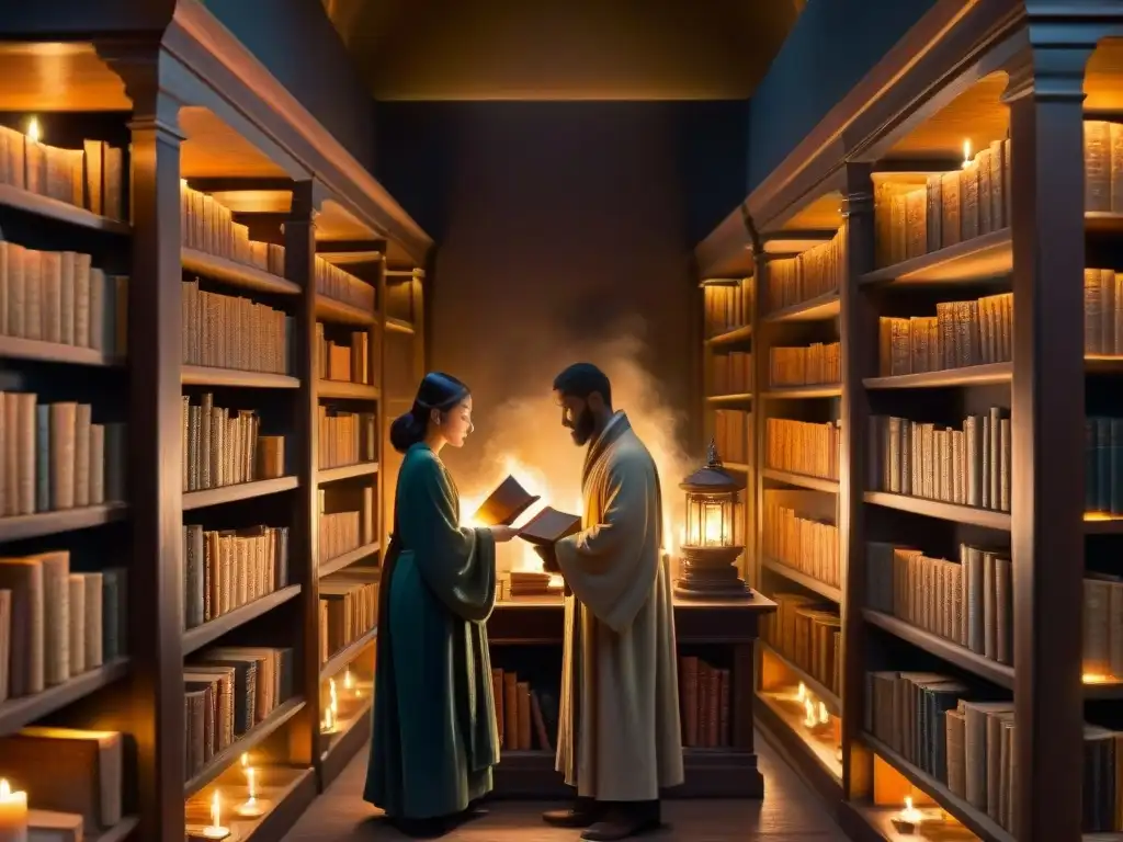Biblioteca en penumbra: misterio y sabiduría ancestral En la penumbra de una biblioteca antigua, libros misteriosos iluminados por velas